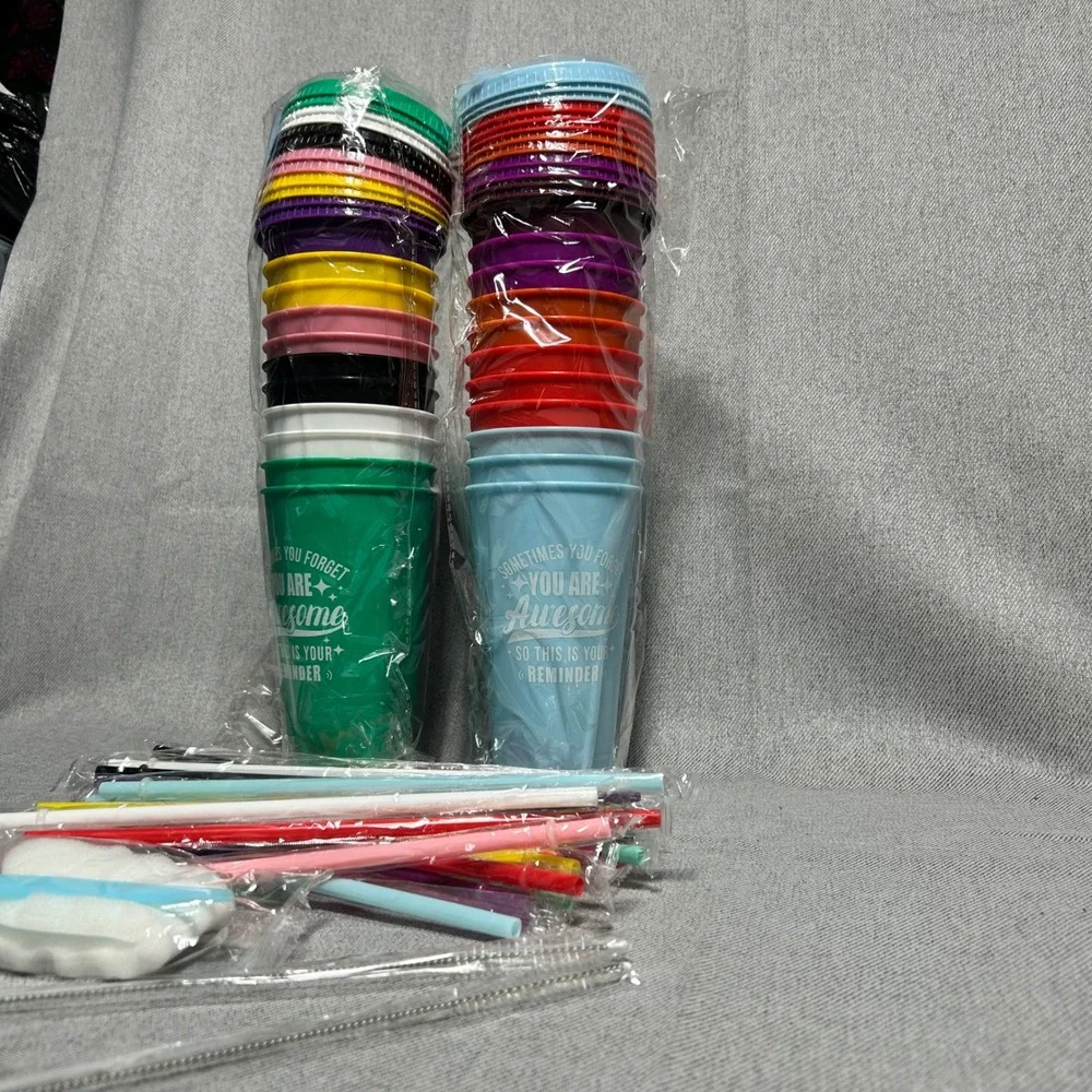 Reusable Plastic Tumblers with Lids and Straws Set Multicolor Awesome 24 Cups